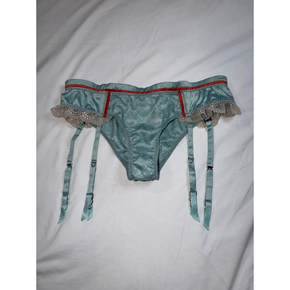 Victorias Secret Blue Damask Garter Panty Lace Trim 10817199 Small